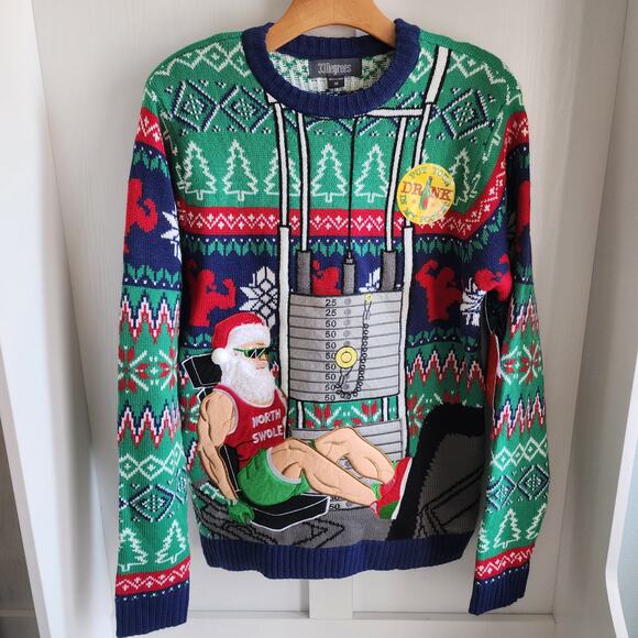 32 Degrees Mens Med Ugly Christmas Sweater North Swole Bodybuilder Drink Pocket - Picture 1 of 8
